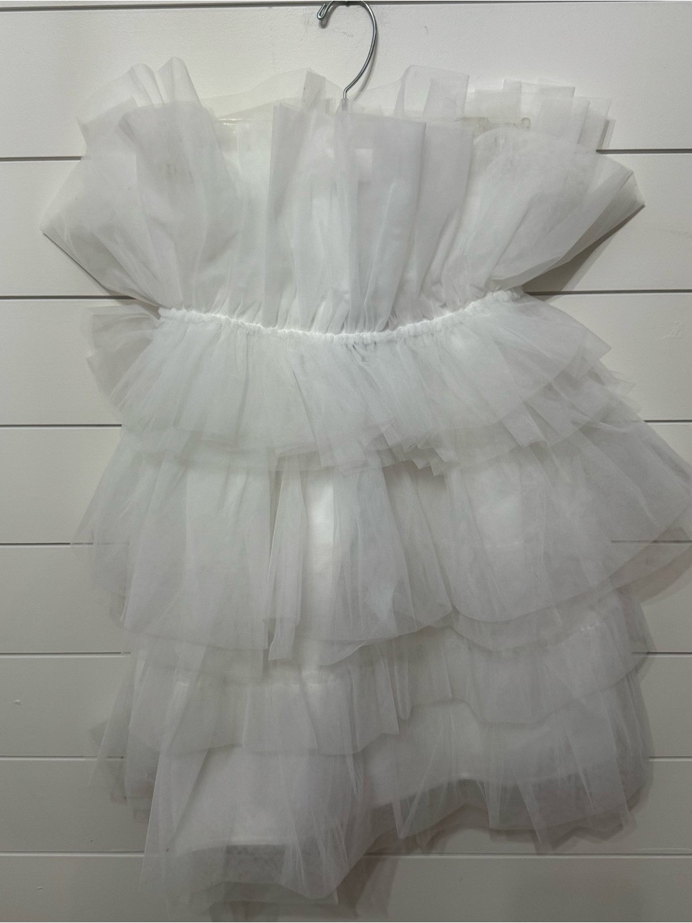 strapless, tiered white tulle mini dress